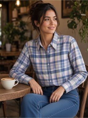 CHAPS Non Iron Shirt Long Sleeve Blue Pink Plaid Top 3/4 Sleeve Women’s XL